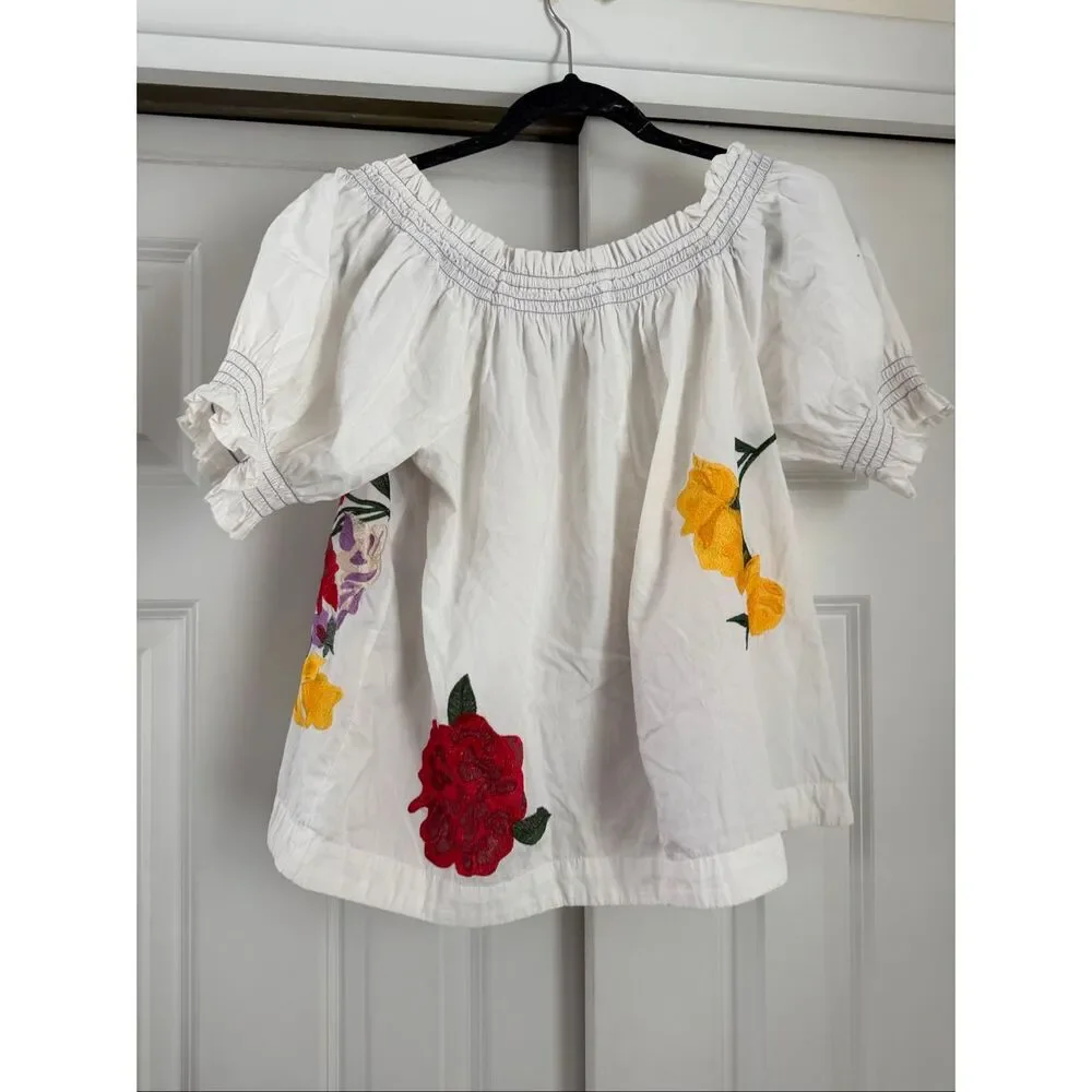 Anthropologie Puff-Sleeve Tie-Front Embroidered Blouse